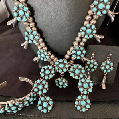Ultra Rare Old Pawn Kingman Turquoise Squash Blossom Set | Necklace, Bracelet, Pendant, Earrings | Navajo | 15921
