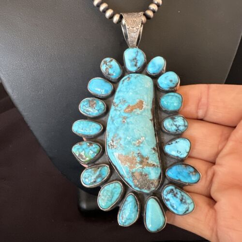 Navajo Blue Kingman Turquoise Cluster Pendant Necklace | Sterling Silver | Authentic Native American Handmade | 16794