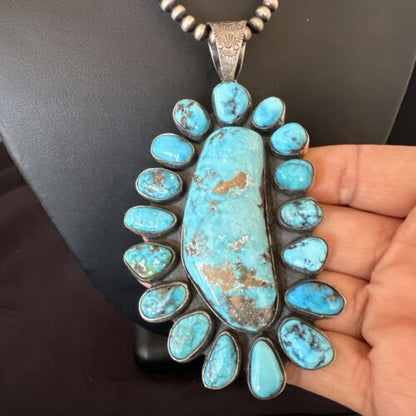Navajo Blue Kingman Turquoise Cluster Pendant Necklace | Sterling Silver | Authentic Native American Handmade | 16794