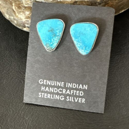 Navajo Blue Kingman Turquoise Post Stud Earrings | Sterling Silver | Authentic Native American Handmade | 17412
