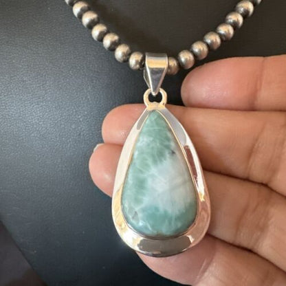 Navajo Blue Larimar Pendant Necklace | Sterling Silver Beads | Authentic Native American Handmade | 17564