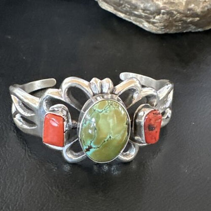 Royston Turquoise Coral Cuff Bracelet | Navajo Tufa Cast | Sterling Silver | Authentic Native American Handmade | 16778