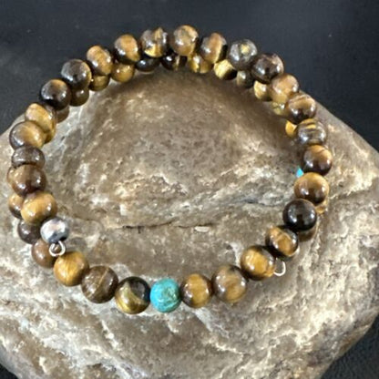 Navajo Blue Turquoise Coffee Tiger's Eye Bracelet | Stainless Steel Memory Wire | Authentic Native American Handmade | 17627