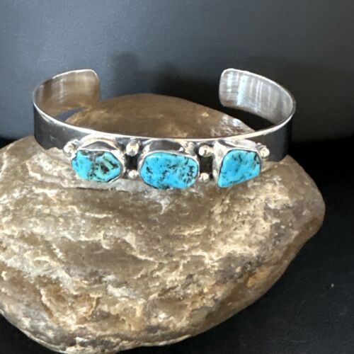 Navajo Blue Kingman Turquoise 3 Stone Cuff Bracelet | Sterling Silver | Authentic Native American Handmade | 15044