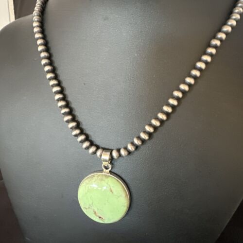 Navajo Green Gaspeite Pendant Necklace | Sterling Silver | Authentic Native American Handmade | 15491