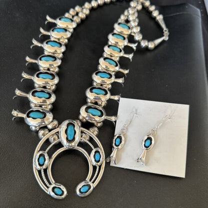Navajo Turquoise Shadowbox Squash Blossom Necklace & Earrings | Sterling Silver | 16542
