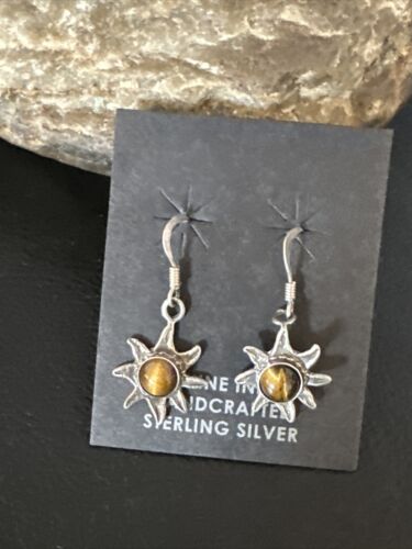 Navajo Coffee Tiger's Eye Dangle Earrings | Sterling Silver | Authentic Native American Handmade | 14919