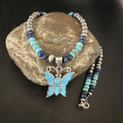 Navajo Butterfly Blue Opal Turquoise Inlay Pendant Necklace | Sterling Silver | Native American Handmade | 16760