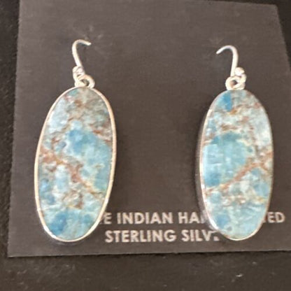 Navajo Blue Turquoise Dangle Earrings | Sterling Silver | Authentic Native American Handmade | 15429