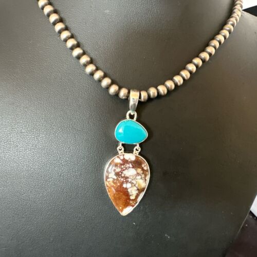 Navajo Wild Horse Blue Kingman Turquoise Necklace | Sterling Silver | Multi-Stone Pendant | 17315