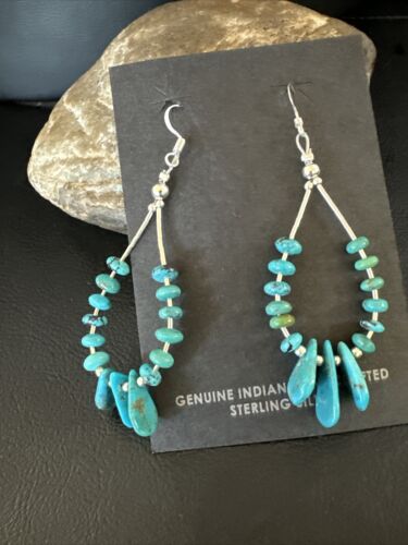Navajo Blue Cluster Turquoise Bead Earrings | 6mm | Sterling Silver | 2" | Authentic Native American Handmade | 15845