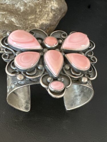 Navajo Butterfly Pink Conch Cuff Bracelet | Sterling Silver | Authentic Native American Handmade