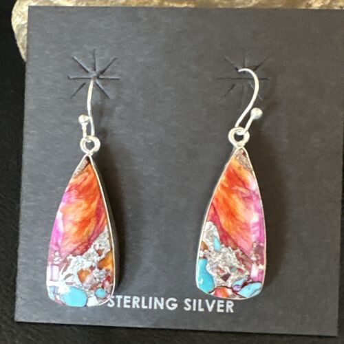 Navajo Red Spiny Oyster Turquoise Inlay Dangle Earrings | Sterling Silver | Authentic Native American Handmade | 15559
