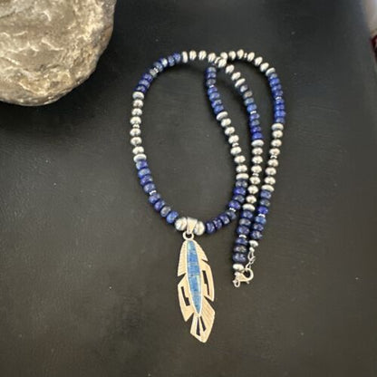 Navajo Blue Denim Lapis Feather Pendant Necklace | Sterling Silver Inlay | Authentic Native American Handmade | 16767