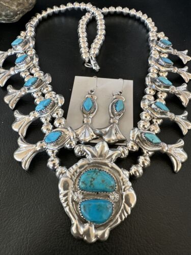 Kingman Turquoise Navajo Squash Blossom Necklace & Earrings | Sterling Silver | Native American Handmade | 16543