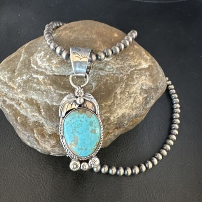 Navajo Blue Turquoise #8 Pendant | Sterling Silver Necklace with Pearls | Authentic Native American Handmade | 15444