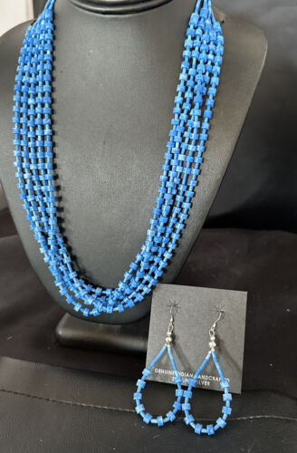 Navajo Blue Denim Lapis Necklace Earrings Set | 5-Strand Sterling Silver | Authentic Native American Handmade | 15772