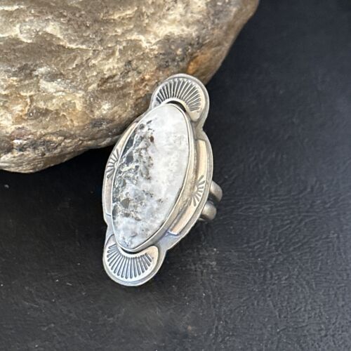 Navajo White Buffalo Turquoise Ring | Sterling Silver | Sz 8 | Authentic Native American Handmade | 14555