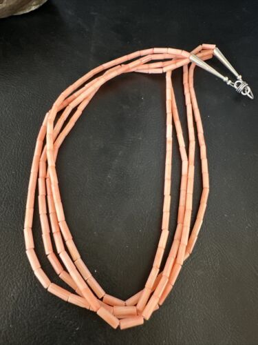 Pink Coral Tube Heishi Bead Necklace | 4 Strand Navajo Sterling Silver | 18" | 15279