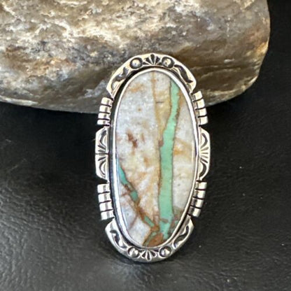 Navajo Ribbon Boulder Green Turquoise Ring | Sterling Silver | Sz 9 | Authentic Native American Handmade | 16252