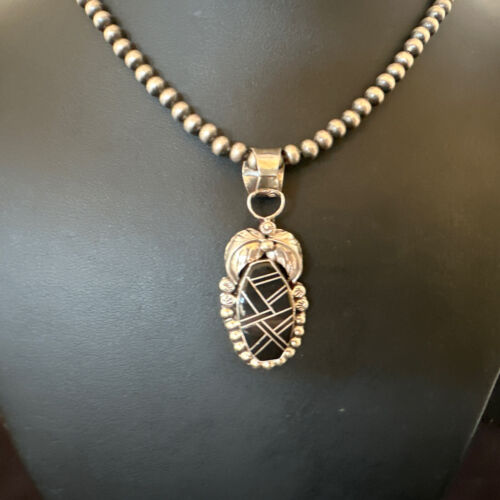 Navajo Pearls Black Onyx Inlay Necklace Pendant | Sterling Silver | Authentic Native American Handmade | 16535