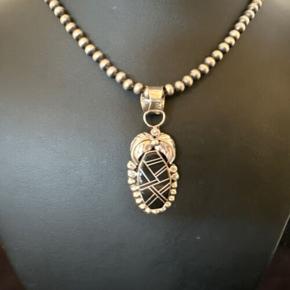 Navajo Pearls Black Onyx Inlay Necklace Pendant | Sterling Silver | Authentic Native American Handmade | 16535