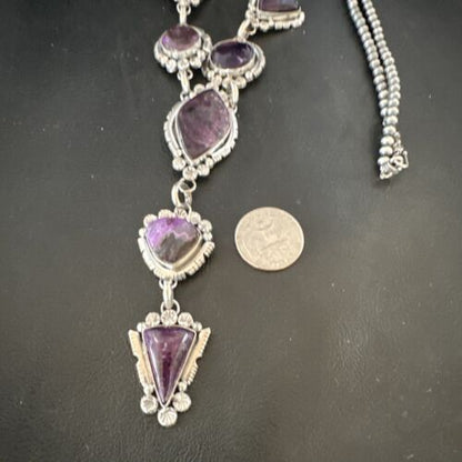 Navajo Sugilite Lariat Necklace | Sterling Silver Pendant | 30" | Authentic Native American Handmade | 16753