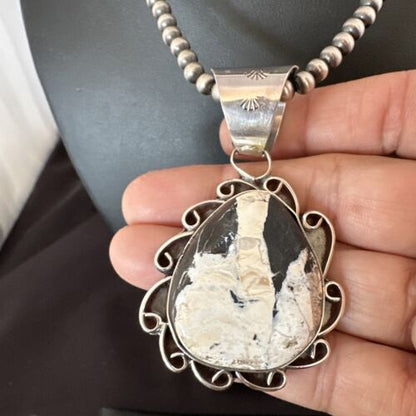 Men's White Buffalo Turquoise Pendant | Navajo Pearl Sterling Silver Necklace 21" | 17036