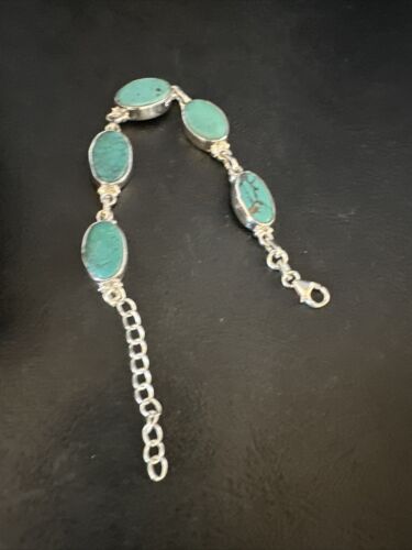 Navajo Blue Turquoise Link Bracelet | Sterling Silver | 8" | Authentic Native American Handmade | 15466