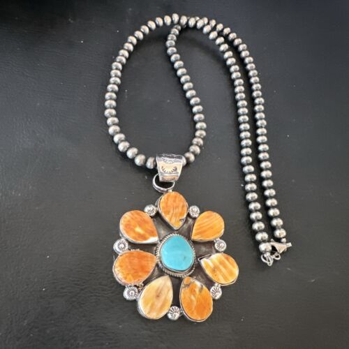 Navajo Blue Turquoise | Spiny Oyster Pendant Necklace | Sterling Silver | Multi-Stone | 16862