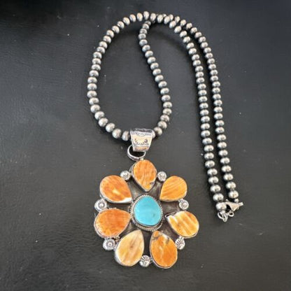 Navajo Blue Turquoise | Spiny Oyster Pendant Necklace | Sterling Silver | Multi-Stone | 16862