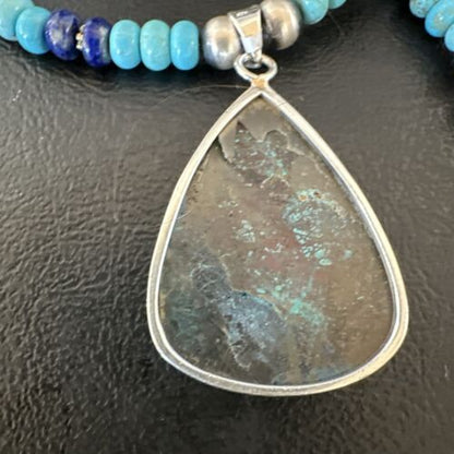Blue Turquoise Jasper Pendant | Lapis Navajo Pearls | Sterling Silver Necklace 16927 - Masha USA