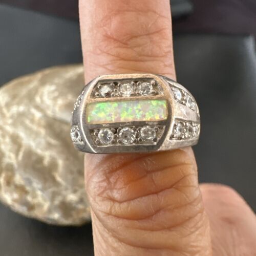 Navajo Cubic Zirconia Opal Inlay Ring | Sterling Silver | Sz 6.5 | Authentic Native American Handmade | 17156