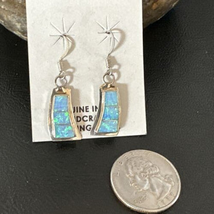 Navajo Blue Faux Opal Inlay Dangle Earrings | Sterling Silver | 1" | Authentic Native American Handmade | 17439