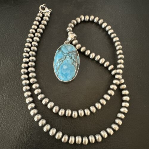 Navajo Blue Spiderweb Turquoise Pendant Necklace | Sterling Silver | Authentic Native American Handmade | 17024
