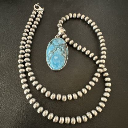 Navajo Blue Spiderweb Turquoise Pendant Necklace | Sterling Silver | Authentic Native American Handmade | 17024
