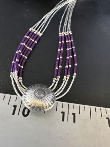 Navajo Purple Sugilite Heishi Concha Necklace | 5 Strand Liquid Sterling Silver | 20" | 15877