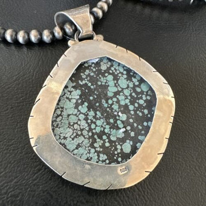 Men's Navajo Blue Spiderweb Turquoise Pendant Necklace | Sterling Silver | Authentic Native American Handmade | 16233