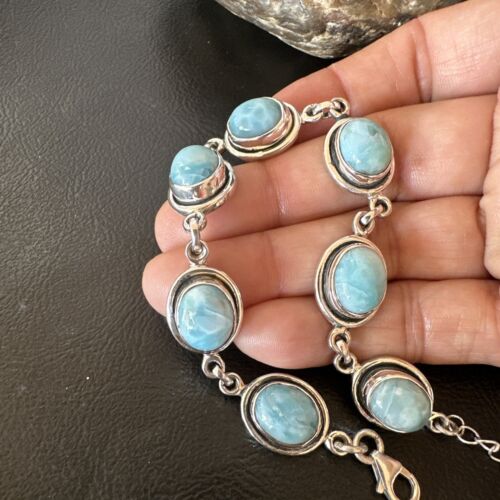 Navajo Blue Larimar Bracelet | Sterling Silver Link | 8" | Authentic Native American Handmade | 16076