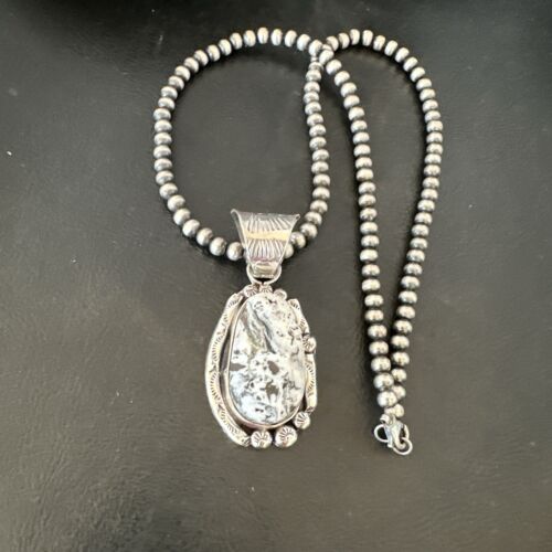 Men's White Buffalo Turquoise Pendant Necklace | Navajo Pearl Sterling Silver | 17037