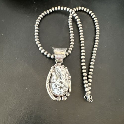 Men's White Buffalo Turquoise Pendant Necklace | Navajo Pearl Sterling Silver | 17037