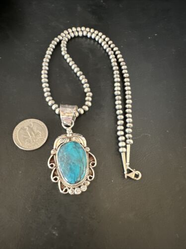 Navajo Pearls Blue Turquoise Necklace Pendant | Sterling Silver | Authentic Native American Handmade | 14882
