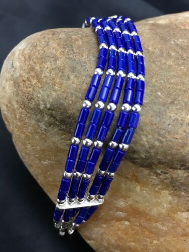 Navajo Lapis Heishi Bracelet | Sterling Liquid Silver | 5-Strand | 7" | Authentic Native American Handmade | 2934