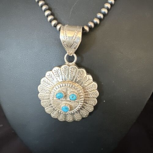 Navajo Sunface Blue Kingman Turquoise Pendant | Sterling Silver | 2.75" | Authentic Native American Handmade | 15209