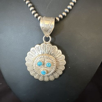 Navajo Sunface Blue Kingman Turquoise Pendant | Sterling Silver | 2.75" | Authentic Native American Handmade | 15209