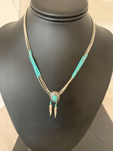 Girls Turquoise Liquid Heishi Necklace | 3-Strand Sterling Silver with Feather Pendant | 02049