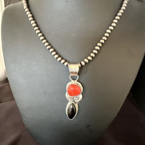 Navajo White Buffalo Coral Onyx Pearls Cluster Pendant | Sterling Silver | Native American Handmade | 15448