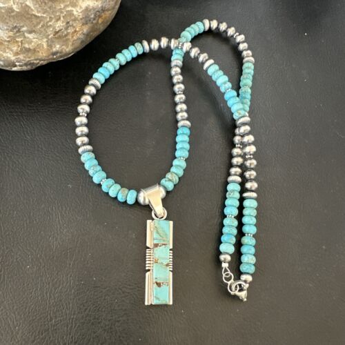 Men's & Women's Turquoise #8 Inlay Pendant Necklace | Navajo Sterling Silver | Authentic Native American Handmade | 17056