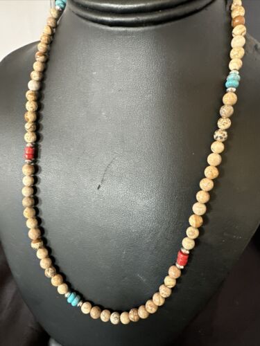 Navajo Turquoise Coral Picture Jasper Necklace | Sterling Silver | 20" | Authentic Native American Handmade | 17608
