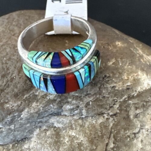 Zuni Multicolor Opal Coral Turquoise Ring | Sterling Silver | Sz 6 | Native American Handmade | 12400